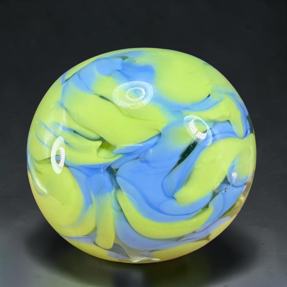 Italian Art Glass Paperweight Murano Style Lime Green Blue Swirl Orb 3 inch VTG